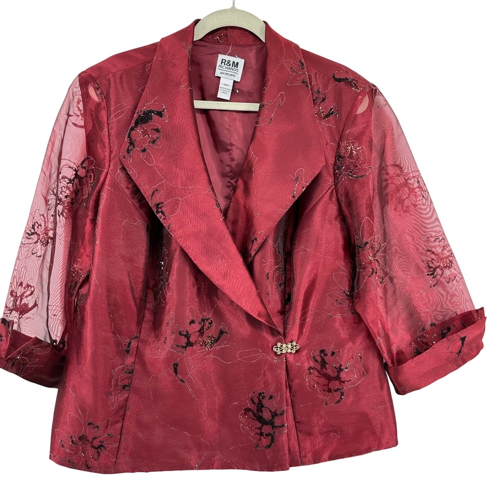 R&M Richards Blazer Red Floral Sheer Sleeve Velvet Embellished NYE 18W